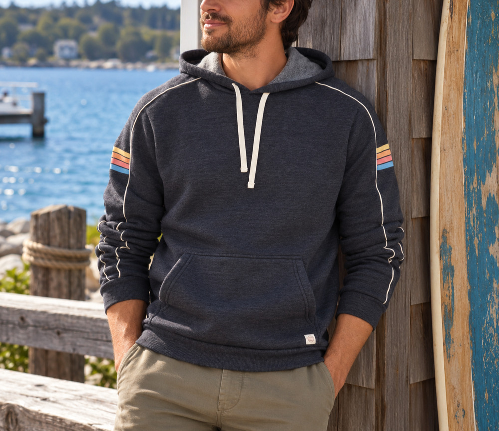 Marine Layer Banks Varsity Hoodie Men's Medium Navy Tri-Blend Pullover NWOT